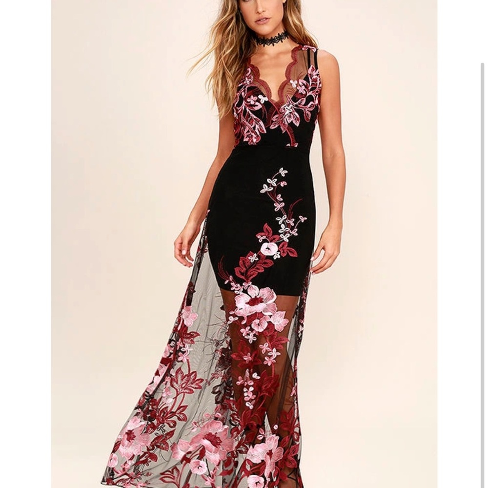 Work the Bloom Wine Red and Black Embroidered Maxi Dress